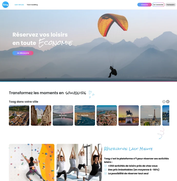 Toog
<br>
<small style="font-size :14px">Trouvez et réservez vos loisirs en toute simplicité avec Toog !</small>
